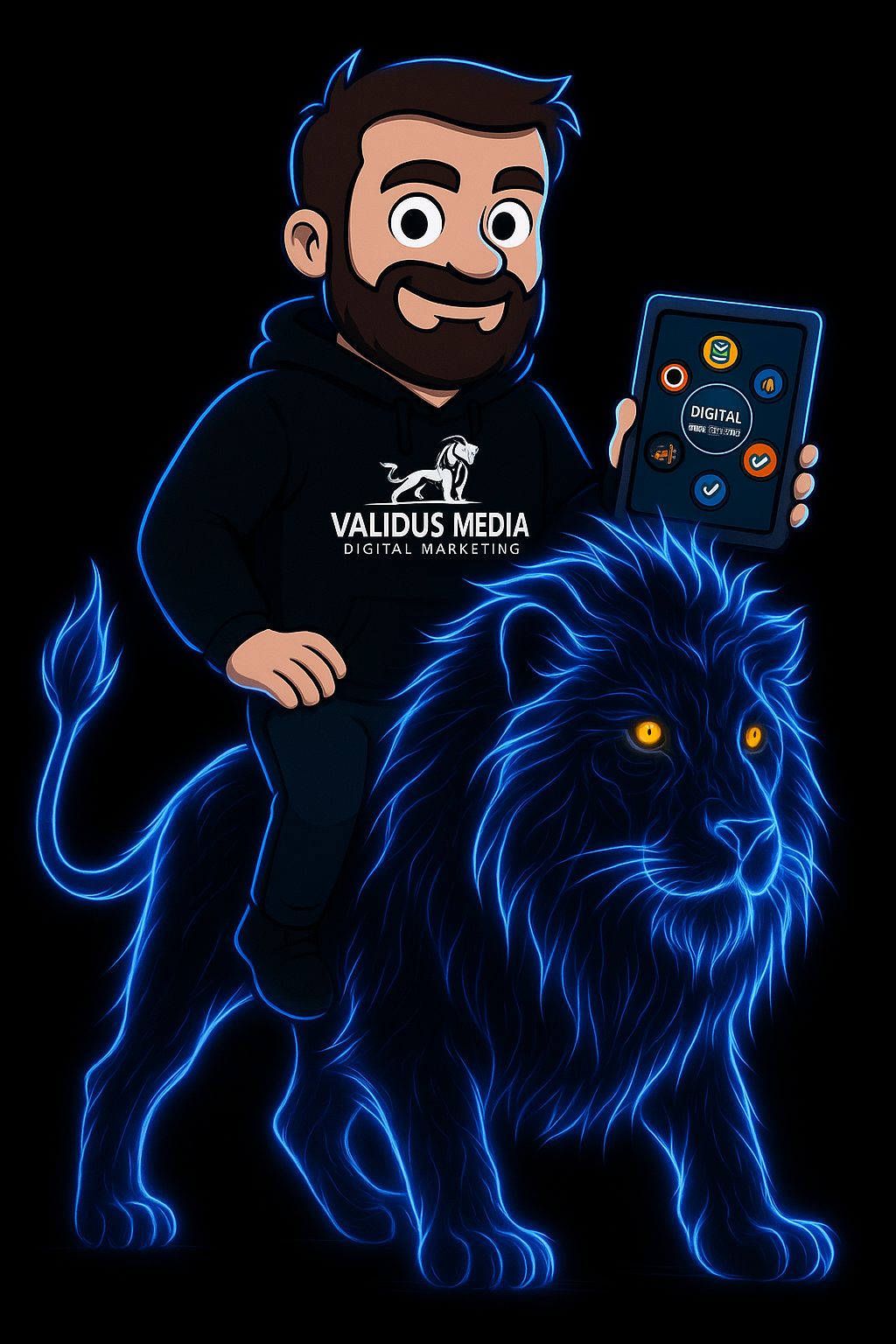 validus media in leeds owner drawn as a character riding a bright blue lion